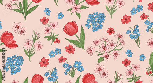 Elegant floral pattern illustration featuring tulips, forget-me-nots, and cherry blossoms on a light pink background