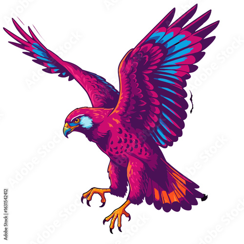 Majestic falcon soars with outstretched wings in vibrant vector art illustration, showcasing its powerful presence and striking colorful plumage