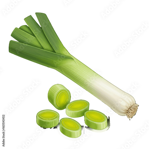 Fresh leek with green leaves and sliced pieces creating a vibrant culinary composition for healthy eating and cooking concepts