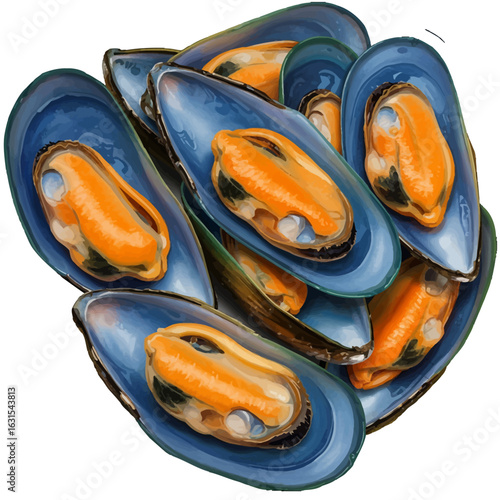 A vibrant illustration showcases a heap of fresh mussels, each shell a deep blue hue, revealing the orange flesh inside, creating a visually appealing culinary image