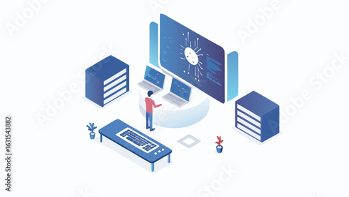 Isometric view of a man standing in front of computers and a large screen displaying circuit boards