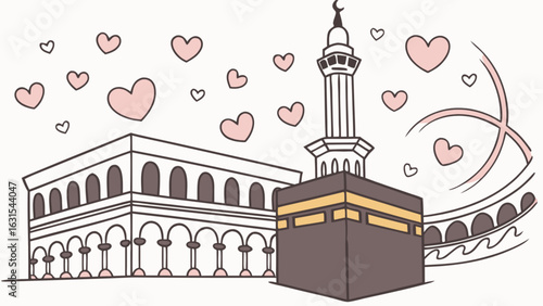 Kawaii mecca kaaba illustration with hearts for ramadan kareem eid mubarak islamic pilgrimage hajj umrah