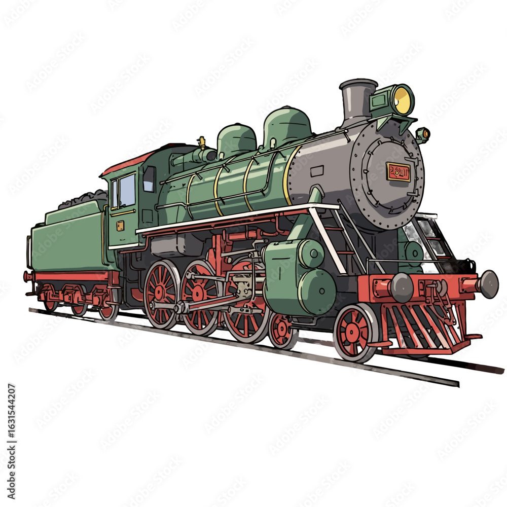 Fototapeta premium Detailed vector illustration of a vintage green steam locomotive, showcasing its intricate mechanical details and classic design elements