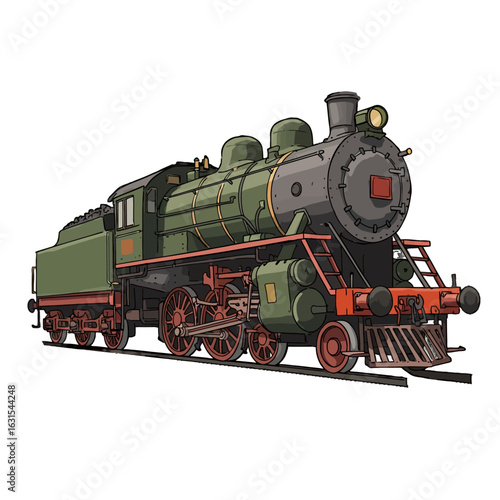 Illustration of a Vintage Steam Train Engine on the Railroad Tracks with Detailed Caricature Style and Green Tones, Showing Transportation