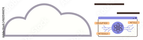 Cloud outline next to a digital interface window featuring an atomic icon and data labels. Ideal for cloud technology, programming, science, innovation, logistics, data analysis, simple flat metaphor