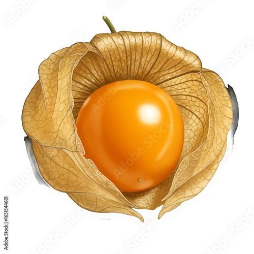 Detailed illustration of a golden gooseberry, showcasing its unique papery husk and vibrant orange berry, a botanical marvel