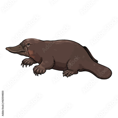 Detailed illustration of a brown platypus swimming with its webbed feet and distinctive bill, showcasing Australian wildlife and unique animal features