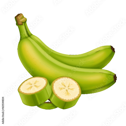 Illustration featuring two green bananas and banana slices, highlighting freshness and natural food elements in a simple composition