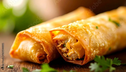 Crispy Golden Eggrolls Close-Up with Pork and Vegetables – Delicious Fried Appetizer Snack for Asian Cuisine Concepts and Food Advertising