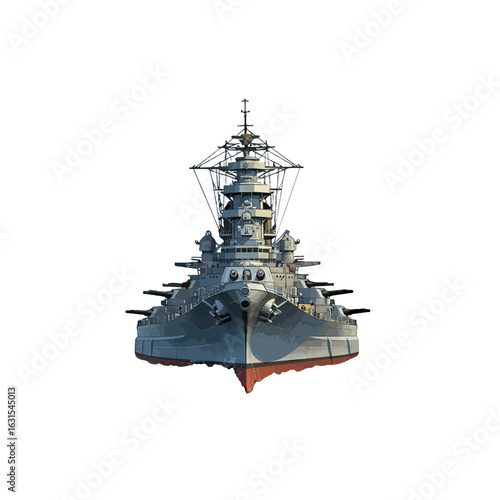 Front View Illustration of a Powerful Battleship with Detailed Superstructure and Heavy Armament on a White Background