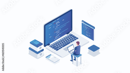 Isometric view of a developer coding on a laptop with additional screens and documents around him