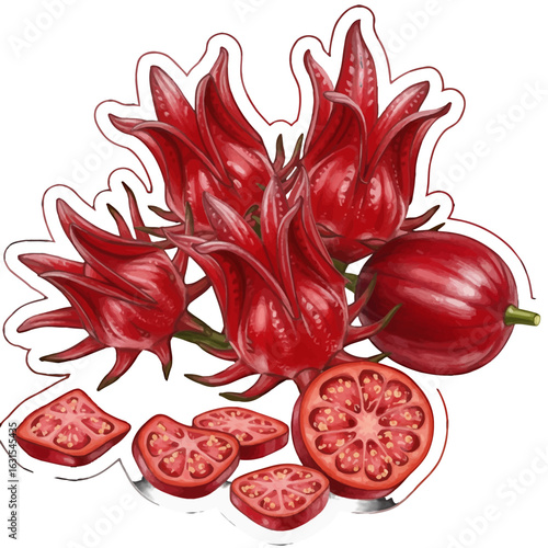 Illustration of Roselle Plant with Edible Fruits and Calyces, Featuring Slices, Whole Fruit, and Floral Structures in Detailed Red Tones