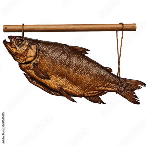 Detailed illustration of a smoked fish hanging from a wooden bar with rope, showcasing traditional food preparation and preservation techniques, rustic charm