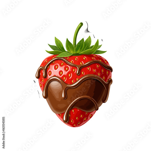 Decadent delight a vector illustration of a ripe red strawberry partially dipped in rich dark chocolate with fresh green leaves