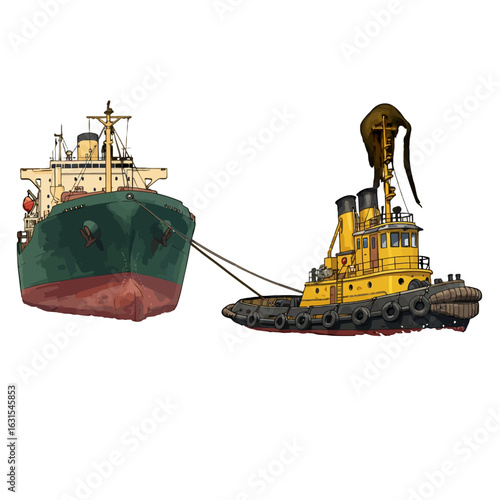 Illustration of a yellow tugboat towing a large green cargo ship with ropes across a white background, creating a maritime scene