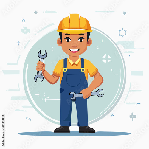 Friendly mechanic avatar set: cheerful technicians holding tools, flat cartoon style with transparent background.