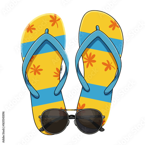 Summery beach scene featuring vibrant flip flops with a floral pattern and stylish sunglasses, evoking vacation vibes and carefree sunny days.