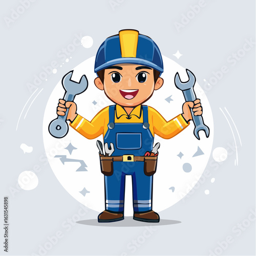 Friendly mechanic avatar set: cheerful technicians holding tools, flat cartoon style with transparent background.