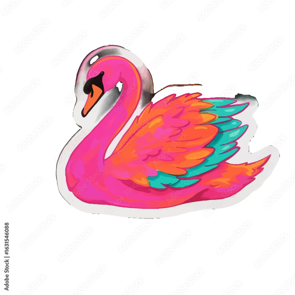 Fototapeta premium Vibrant illustration of a swan with bright pink body and colorful wings, showcasing artistic design and elegant bird depiction in white background