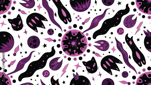 Whimsical space pattern featuring cats planets stars and abstract shapes in black and purple tones art