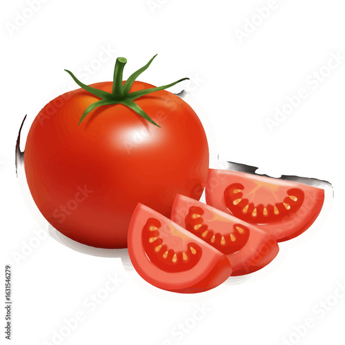 Fresh tomato composition featuring a whole ripe tomato alongside three juicy tomato slices, showcasing vibrant red hues and natural textures in detail