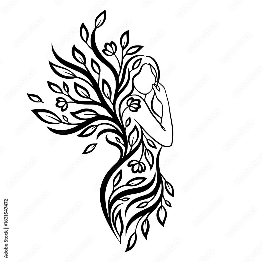 Fototapeta premium Line art of a woman with floral and leafy elements, representing beauty, nature, personal growth, wellness, and feminine energy.