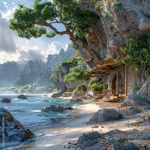 A secluded surf shack on a serene cove, flanked by rugged rocks and pristine sandy shores.