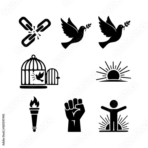Black icons of broken chains, flying doves, torch, raised fists, and symbolic freedom gestures for justice and human rights themes.