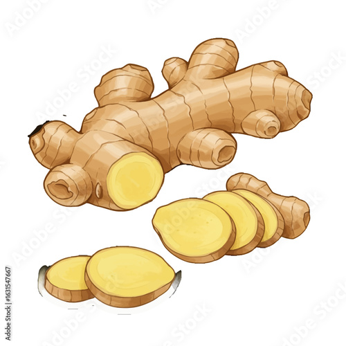 Fresh ginger root and slices in a detailed illustration showcasing its natural texture and vibrant color, ideal for culinary and health-related designs