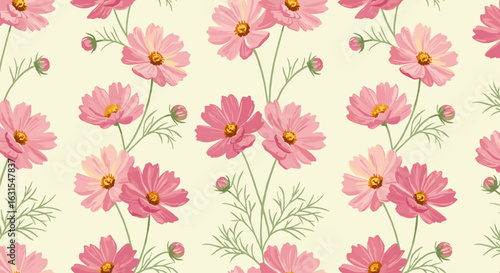 Seamless botanical vector pattern featuring cosmos flowers in full bloom with delicate stems and buds on a light background