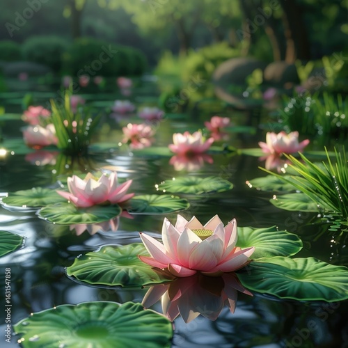 A serene garden pond with blooming lotus flowers, surrounded by delicate greenery and soft natural light.