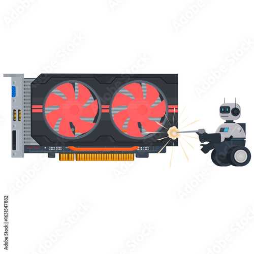 Robot is a welder.  Repairs video cards, vector illustration