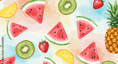 Vibrant fruit pattern with watermelon, kiwi, strawberry, pineapple, and orange slices creates a summery feel