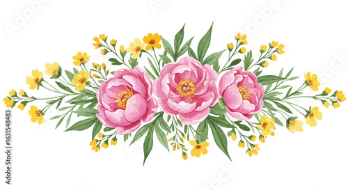 Watercolor floral arrangement with pink peonies and yellow wildflowers creates a serene and elegant design