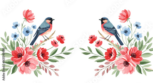 Two charming birds perch among vibrant floral arrangements in a delightful symmetrical composition, perfect for spring