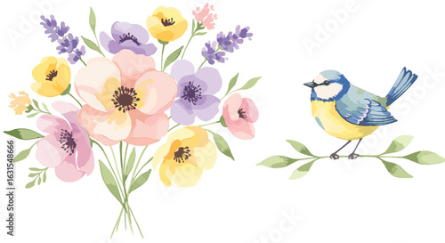 Watercolor bouquet featuring pastel flowers and a charming blue tit perched on a leafy branch, creating a serene composition