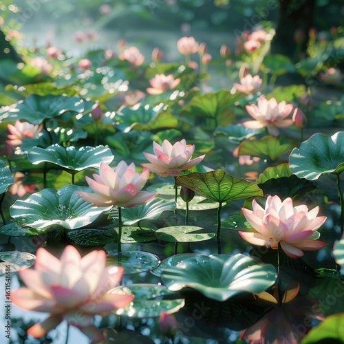 A serene garden pond with blooming lotus flowers, surrounded by delicate greenery and soft natural light.