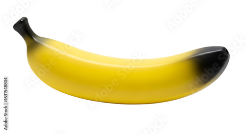 Plastic Toy Banana Isolated on White Background, Artificial Yellow and Black Banana Replica, Isolated Faux Banana Model for Decoration, Single Plastic Banana on a Clean White Surface.
