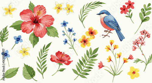 Watercolor painting featuring a bluebird perched among tropical flowers and foliage in a colorful botanical illustration