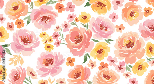 Seamless watercolor floral pattern featuring peach, pink, and yellow roses with small blossoms on a white background, creating a soft and elegant design