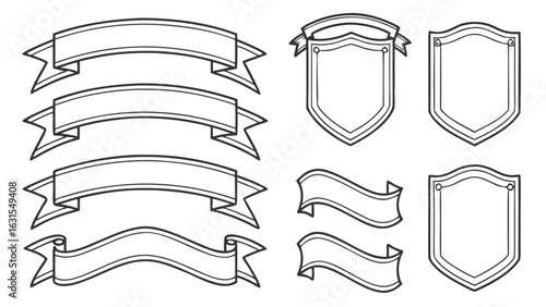 3d icon of collection of blank banners and shields isolated on white background