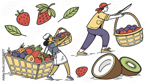 3d icon of people harvesting and carrying baskets of fruit
