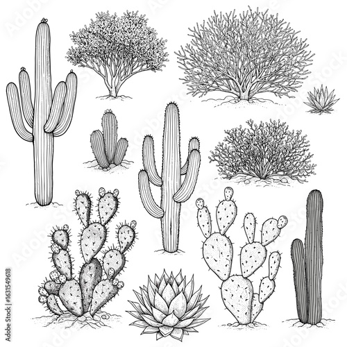 Detailed illustration of desert plants featuring cacti, shrubs, and succulents in a botanical style