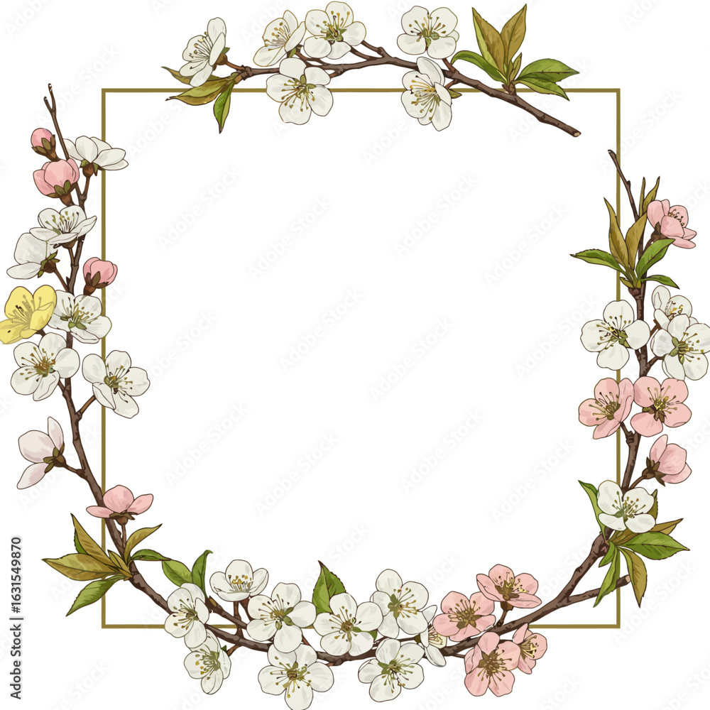 Fototapeta premium Elegant square frame adorned with blooming cherry blossoms and fresh green leaves for spring celebrations