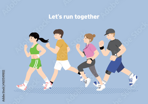 하늘색 배경, 함께 뛰는 사람들 일러스트