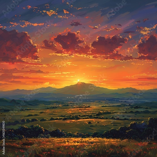 A serene landscape with the sun setting over a distant mountain, painting the sky with beautiful orange and pink hues.