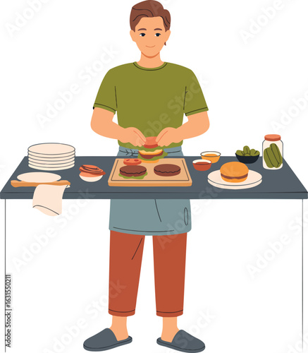 Smiling Man Assembling Burger at Table with Fresh Ingredients Flat Vector Illustration Isolated on Transparent Background