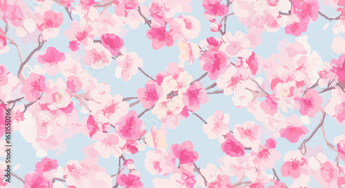 Seamless pattern of blooming cherry blossoms on a light blue background creating a serene spring aesthetic with delicate pink flowers and branches