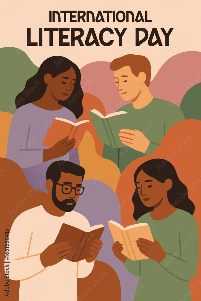 Naklejka premium International Literacy Day Poster: Graphic design celebrating International Literacy Day with four people of different ethnicities reading books, surrounded by pastel-colored abstract shapes and soft