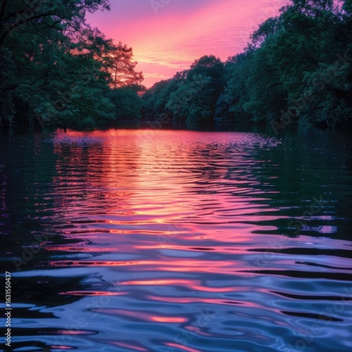 A serene lakeside at sunset, with soft ripples on the water reflecting vibrant hues of pink, orange, and purple, surrounded by lush trees.